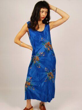 90s Beachy Midi Dress (L) large blue vintage tank sundress ocean boho hippie mom